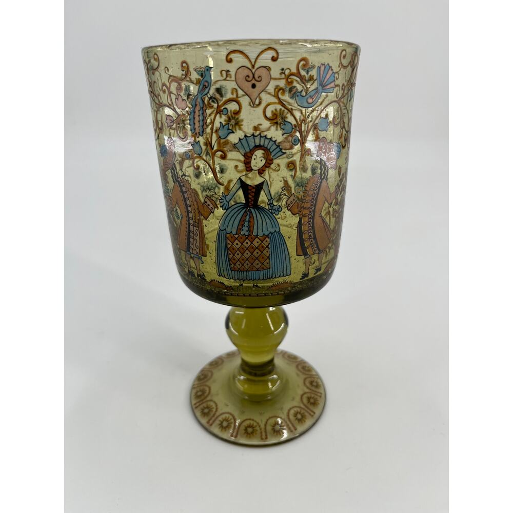 Painted Goblet Green Glass Medieval Lady Gentleman Birds Blue Brown Design